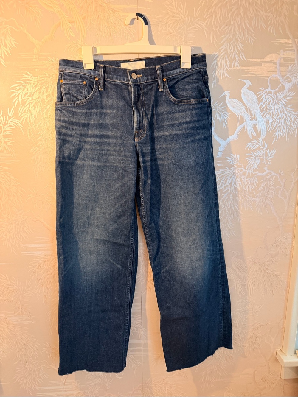 MOTHER Dark Blue Wide-Leg Jeans with Faded Whiskering